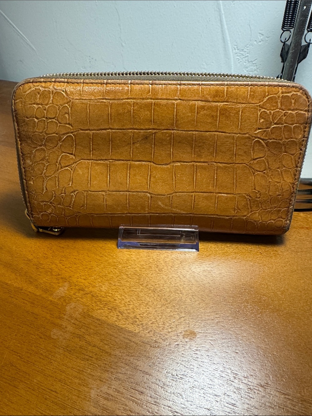 Miu Miu Cognac Croc-Embossed Zip Long Wallet with Gold Logo - Picture 3 of 11